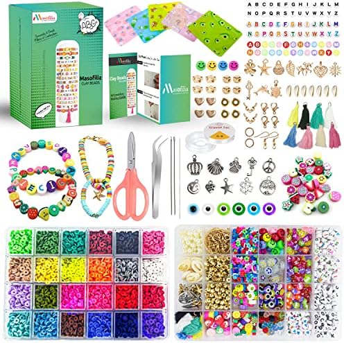 7687pcs Clay Beads Bracelet Making Kit- Pearl Beads & Letter Beads for Jewelry Making-Jewellery Making Kit with Colourful Polymer Clay Beads Charm Bracelet Beads & DIY Jewellery Making Supplies