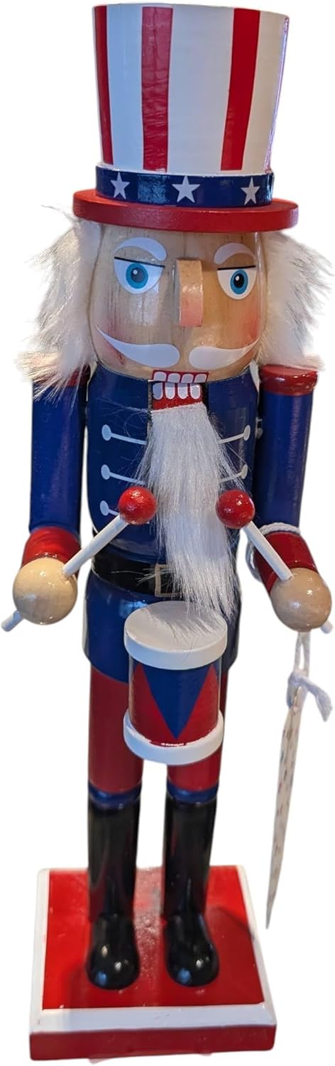 Wooden Painted Nutcracker, Red White and Blue Stars and Stripes Soldier Drummer, 4th of July Theme, 14 x 3 Inches