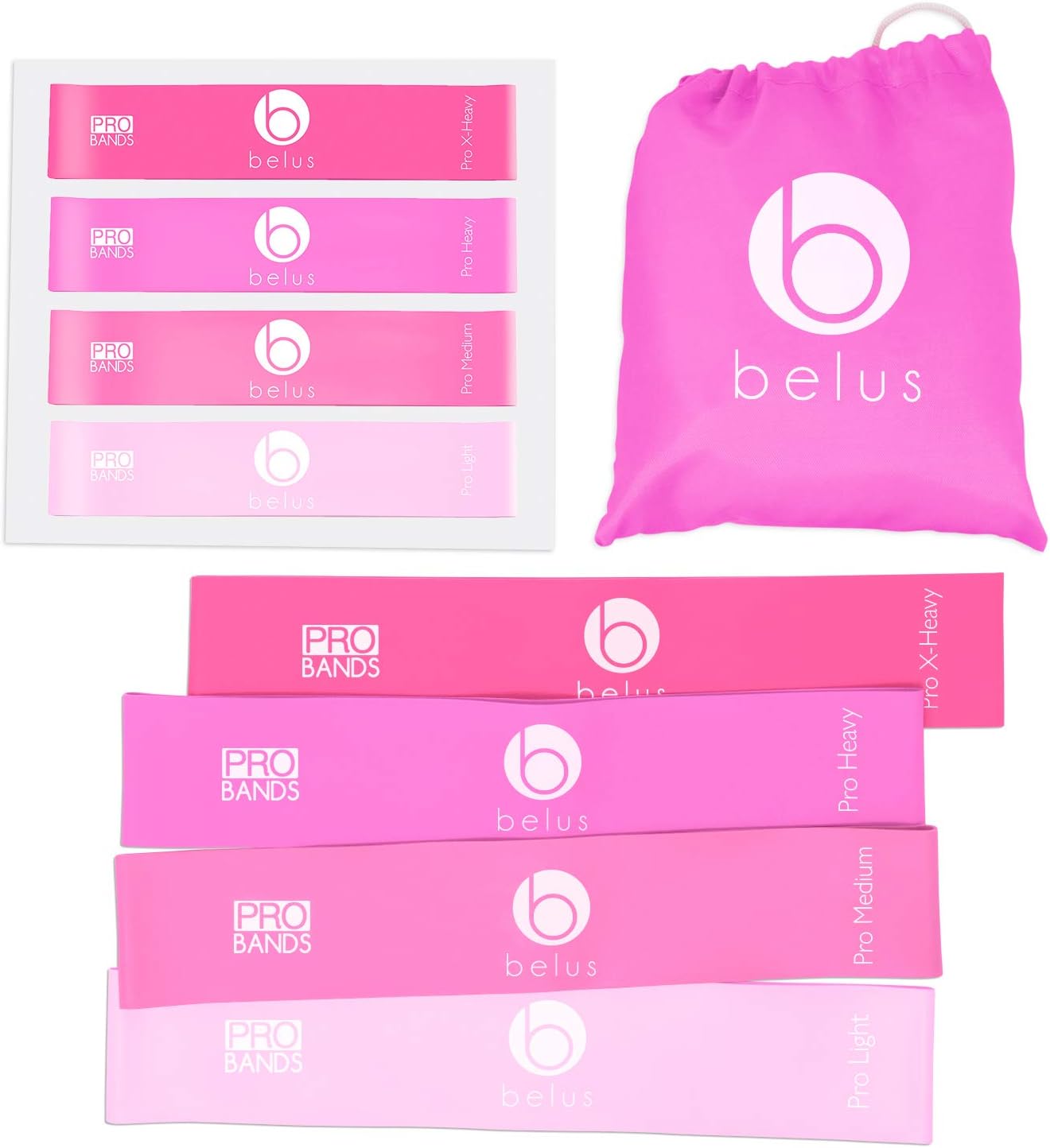 Belus Resistance Bands with Carry Bag, Video Download and eBook. Set of Four Loop Bands for Exercise, Rehabilitation and Fitness (PRO Pink Collection, 10")