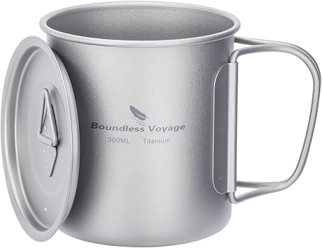 Boundless Voyage Titanium Mug, Single Mug, 300ml, with Lid, Lightweight, Durable, Open Flame, Mug, Folding Handle, Outdoor, Cookware, Solo Camping, Mug, Climbing, Cup, Outdoor, Camping Supplies 300ml