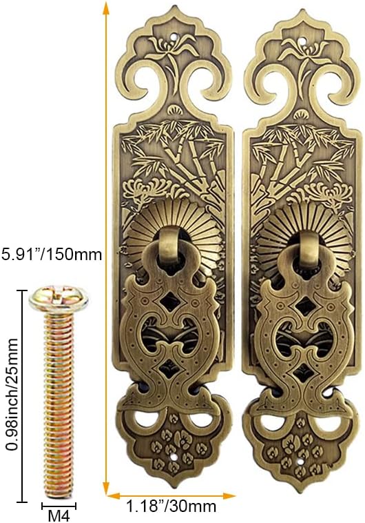 2Pcs Vintage Style Embossing Pattern Pulls Handle Bookcase Wardrobe Drawer Window Pure Copper Double Door Handle (Pack of 2)