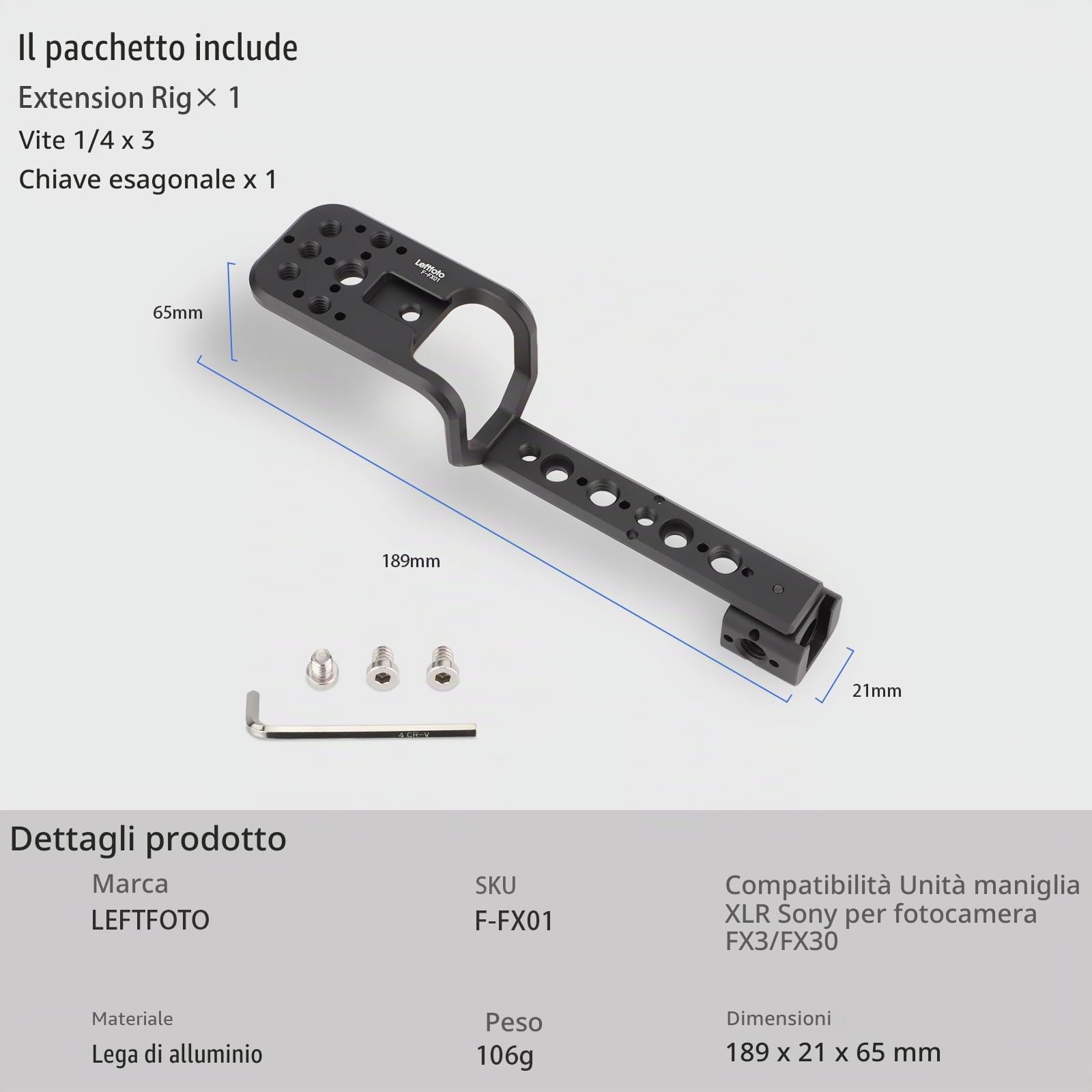 Leftfoto Maniglia XLR compatibile con Sony FX3/FX30, staffa di estensione con impugnatura, NATO e filettature 1/4"-20 e 3/8"-16