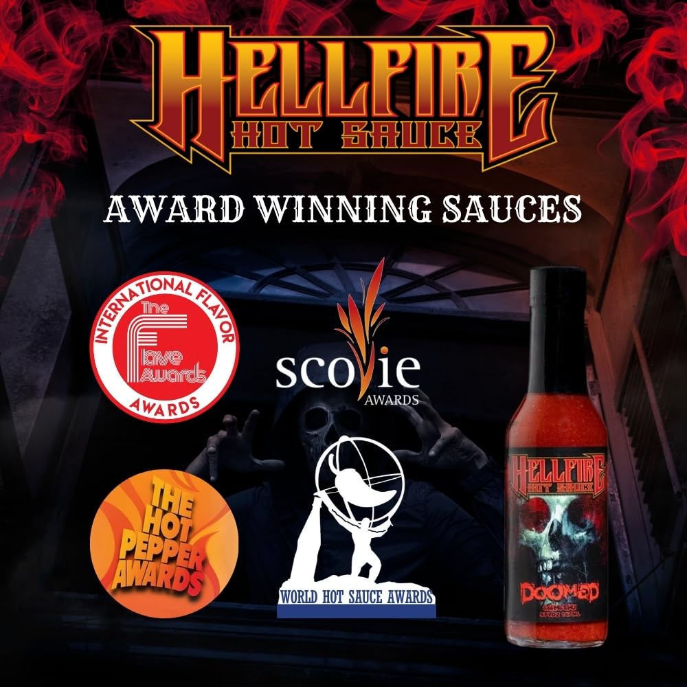 Hellfire Doomed Hot Sauce, Hottest Sauce in the World, Spiked with 6.66 Million SHU Natural Pepper Extract, Lab tested at 2.79 Million SHUs for an EXTREME HEAT Experience, 5 oz.