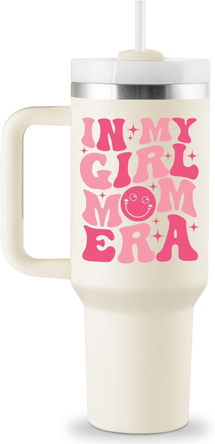Girl Mom Gifts - In My Girl Mom Era 40oz Travel Cup Insulated Tumbler with Lid & Straw - First Mothers Day Gifts for New Moms Girls - Gift for Mommy To Be, Moms of Girls