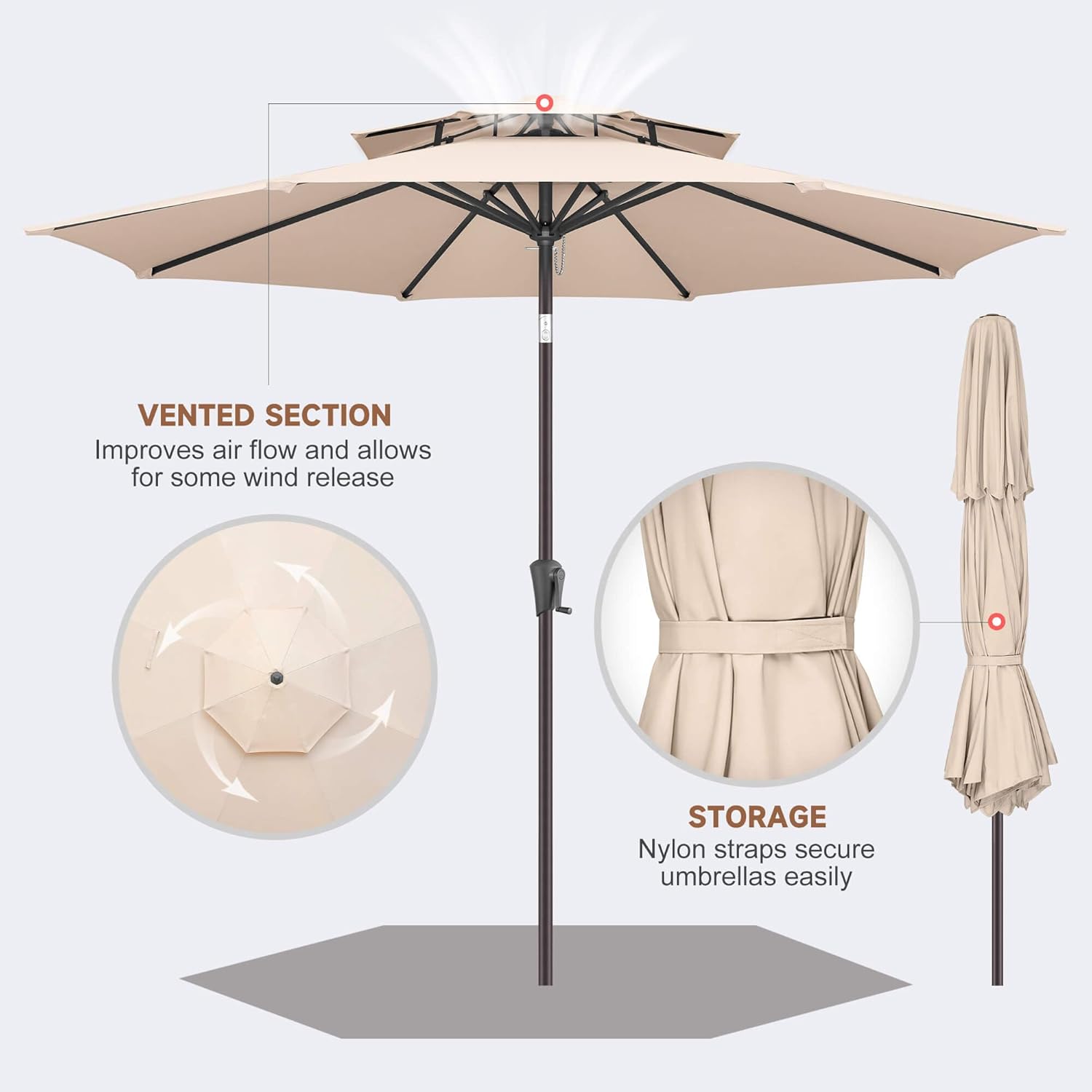 9FT Outdoor Patio Umbrella - 2 Tiers Table Umbrella Waterprool UV Protection, Sombrillas de Patio with Push Button Tilt, Sun Umbrella for Pool, Porch, Garden, Backyard (Beige)
