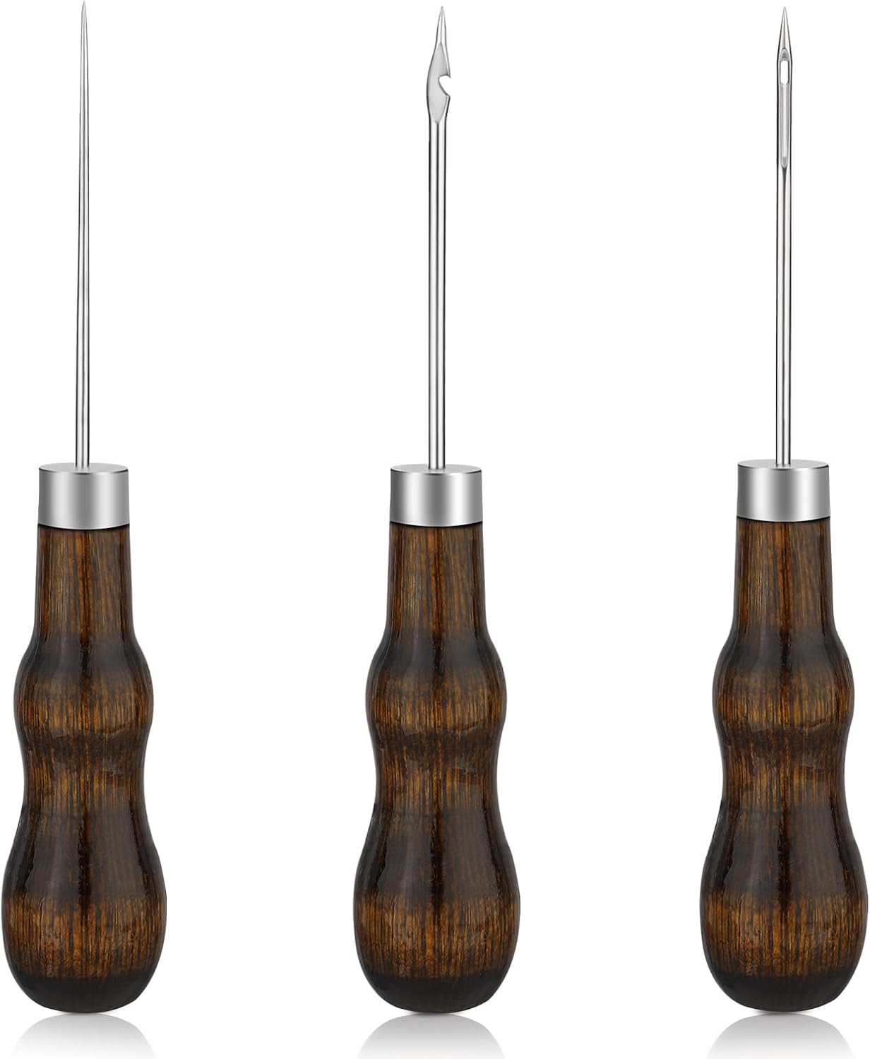 ZXIIXZ 3 Pcs Sewing Awl, Leather Scratch Hollow Hook Awl Tool Kit, Awl Tool Sewing Supplies with Gourd Shape Wooden Handle for DIY Leather Sewing Stitching Bookbinding Punching Repairing Craft