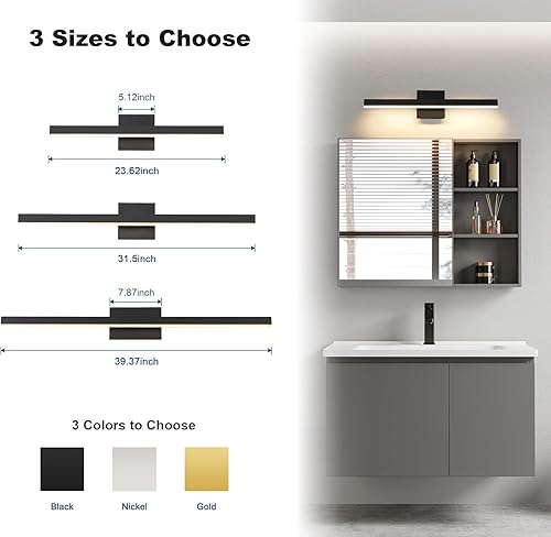 Miniatura 4 de Joossnwell Luz de tocador para accesorios de iluminación de baño, sobre espejo, 23.62 pulgadas, regulable, 5CCT, luces de tocador modernas, barra de
