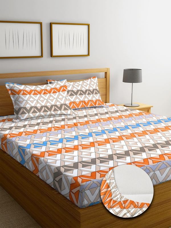 Image of NHD HOME Cotton Fitted King Size Double Bedsheets with 2 Pillow Covers | Elastic Fitted | Wrinklefree | Ultrasoft |All Season Bedsheet 210 tc tc Floral | 78 x 72+8 Inches, Black Rust Geometric