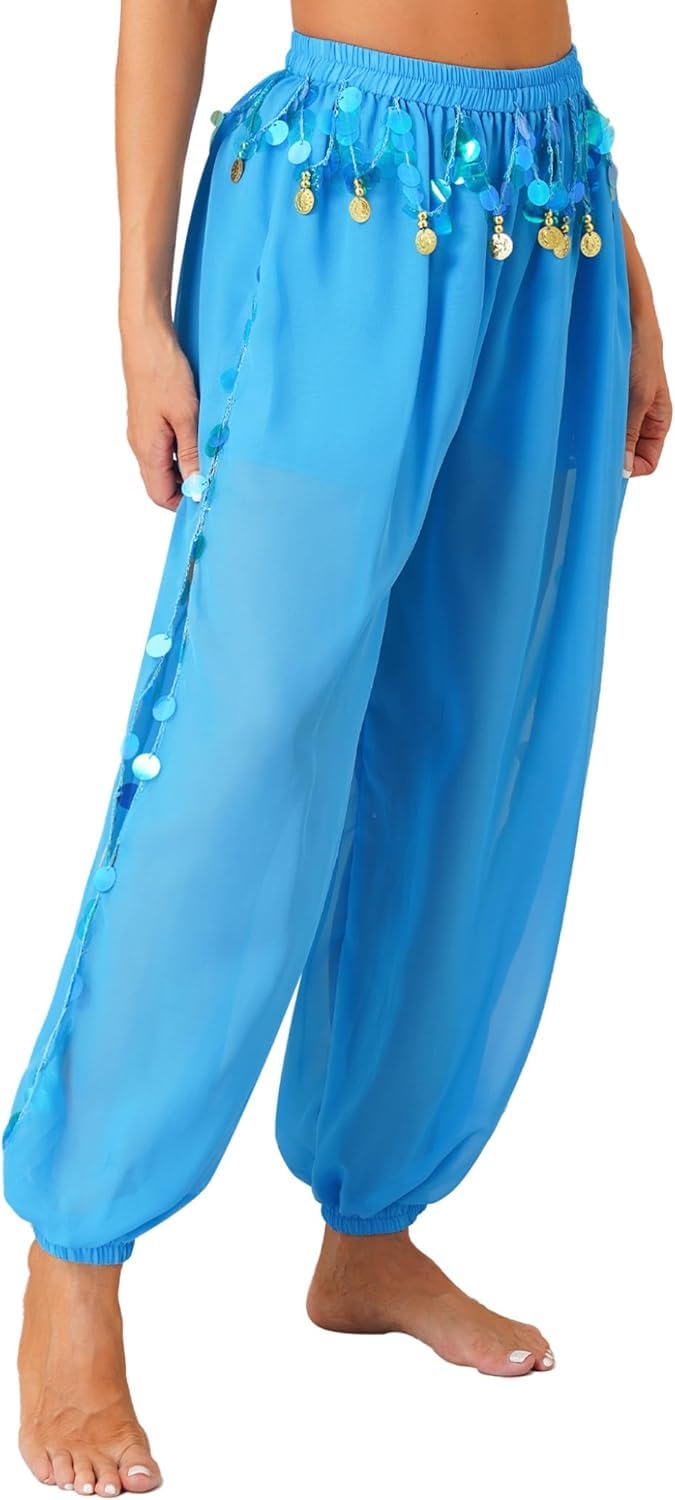 Pantalones de disfraz de danza del vientre para mujer, con lentejuelas divididas laterales, pantalones de yoga harén brillante, pantalones árabes de Halloween