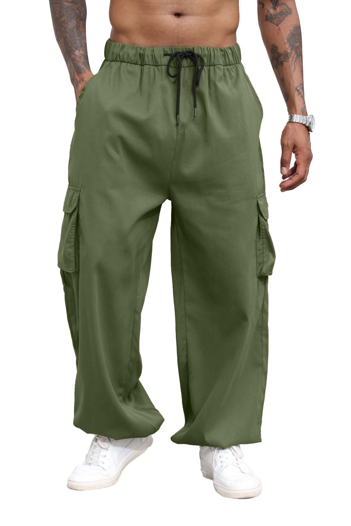 YawYews Men's Cargo Pants Elastic Waist Flap Pockets Parachute Pants Hip Hop Baggy Harem Pants