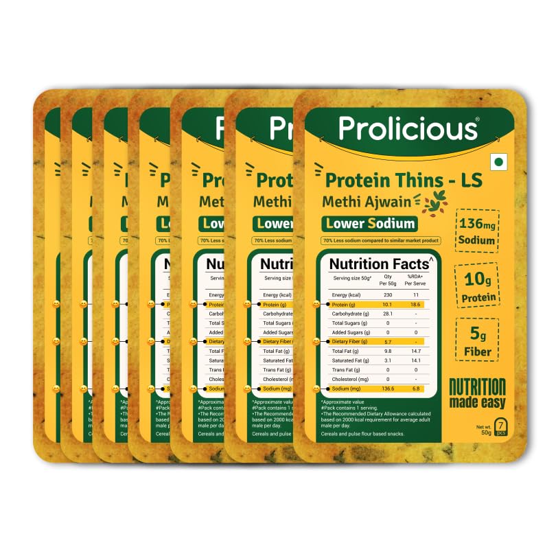 Image of Prolicious High Protein High Fiber Methi Ajwain Thins| No Plam Oil |Low Salt | Ideal for weightloss & PCOS | Healthy Snack | 50g each, Pack of 7