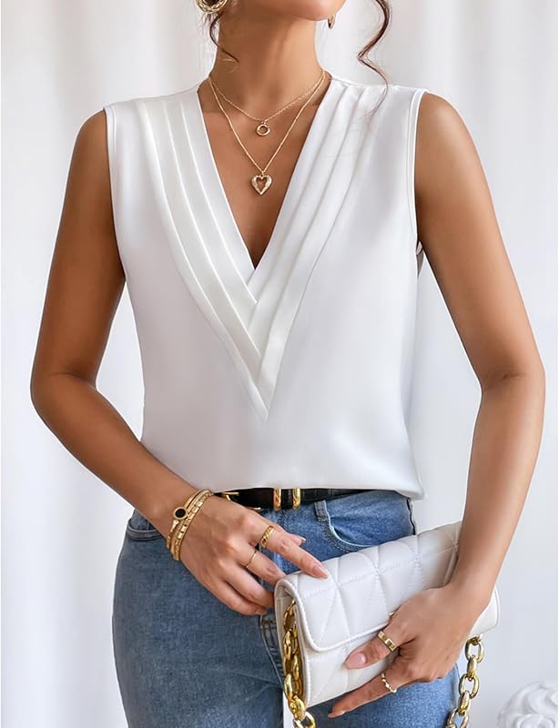 Sleeveless Chiffon Tops for Women Summer Triple V-neck T Shirts Business Office Dressy Outfit Blouse image 4