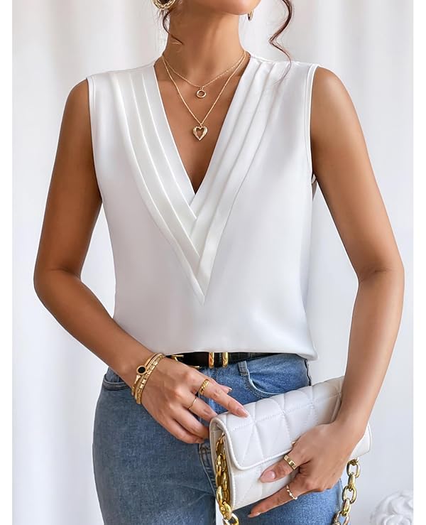 MYCOLORBLUE Sleeveless Tops for Women Summer V-neck Chiffon T Shirts Business Office Dressy Outfit Blouse White S by MYCOLORBLUE - Used condition - Image 4
