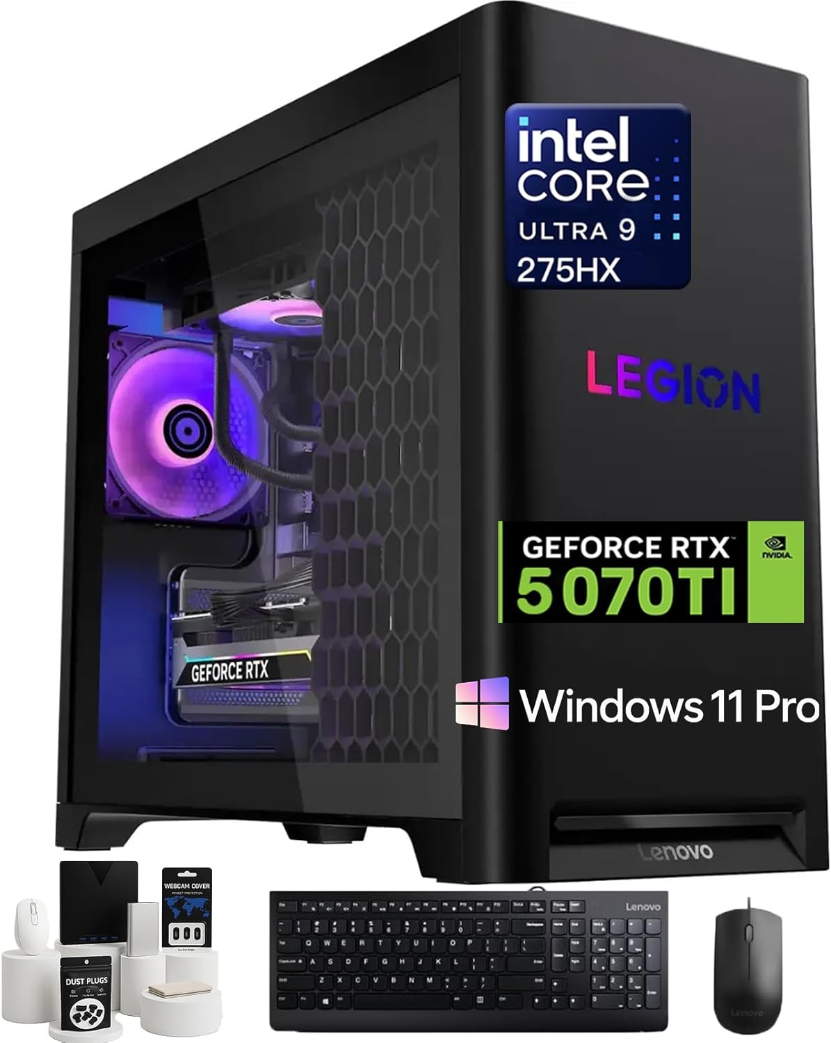 Lenovo Legion Tower 5i Gen 10 Gaming Desktop PC – Intel 24-Core Ultra 9 275HX CPU, NVIDIA GeForce RTX 5070 Ti, 64GB DDR5, 2TB SSD, 2TB HDD, ARGB Fans, USB KB & Mouse, Wifi6E, Win 11 Pro, w/Accessories
