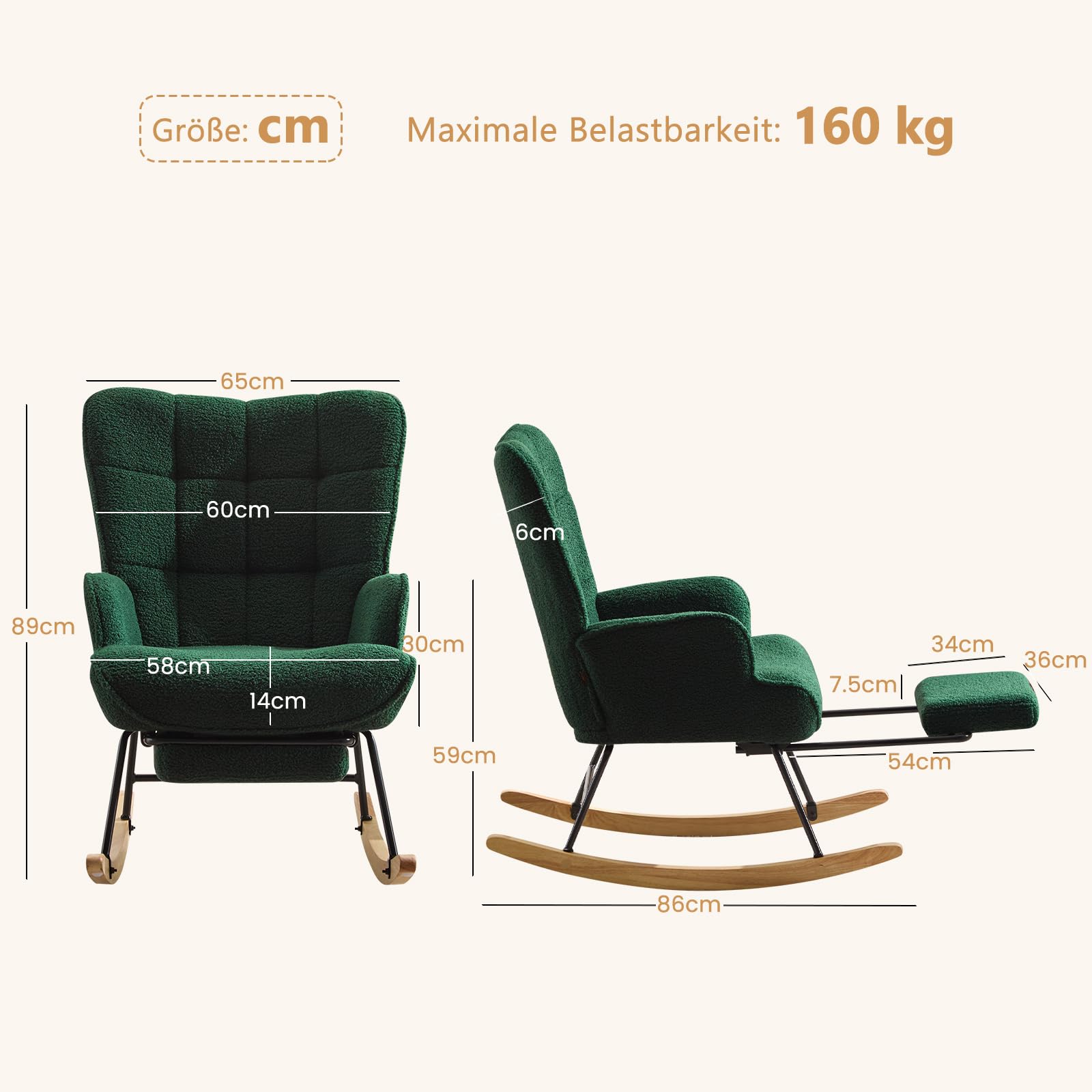Schaukelstuhl mit Fußstütze, Schaukelsessel mit Fußstütze, Teddystoff Gepolsterter Relaxstuhl Lesesessel Sessel mit Holzkufen für Schlafzimmer Wohnzimmer, Grün