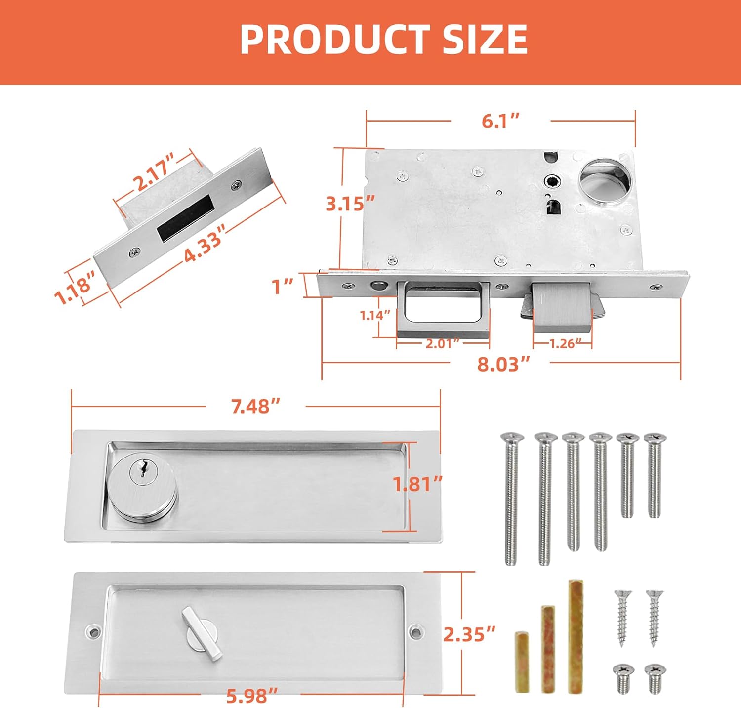 Privacy Pocket Door Mortise Lock and Edge Pull, Modern Hidden Door Pop-Up Handle, Zinc Alloy (Sliver, with Keys)
