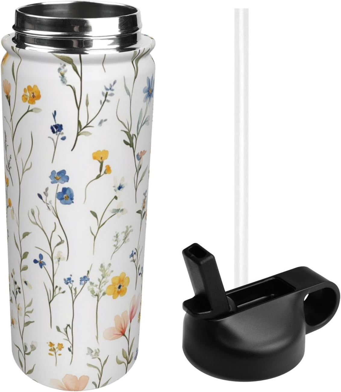 18 oz Vintage Flowers Double Wall Insulated Water Bottle with Straw and Lid, Stainless Steel Sports Bottles Spring Floral Travel Mug for Home Office