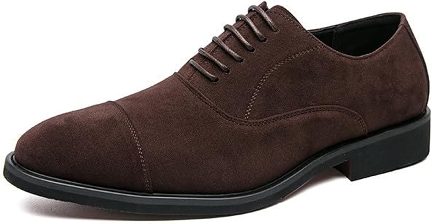 Mens Suede Leather Cap Toe Low Top Business Oxfords Modern Pointed Toe Lace-Up Low Chunky Heel Comfy Slip-On Derby Shoes for Business Formal Party Wedding