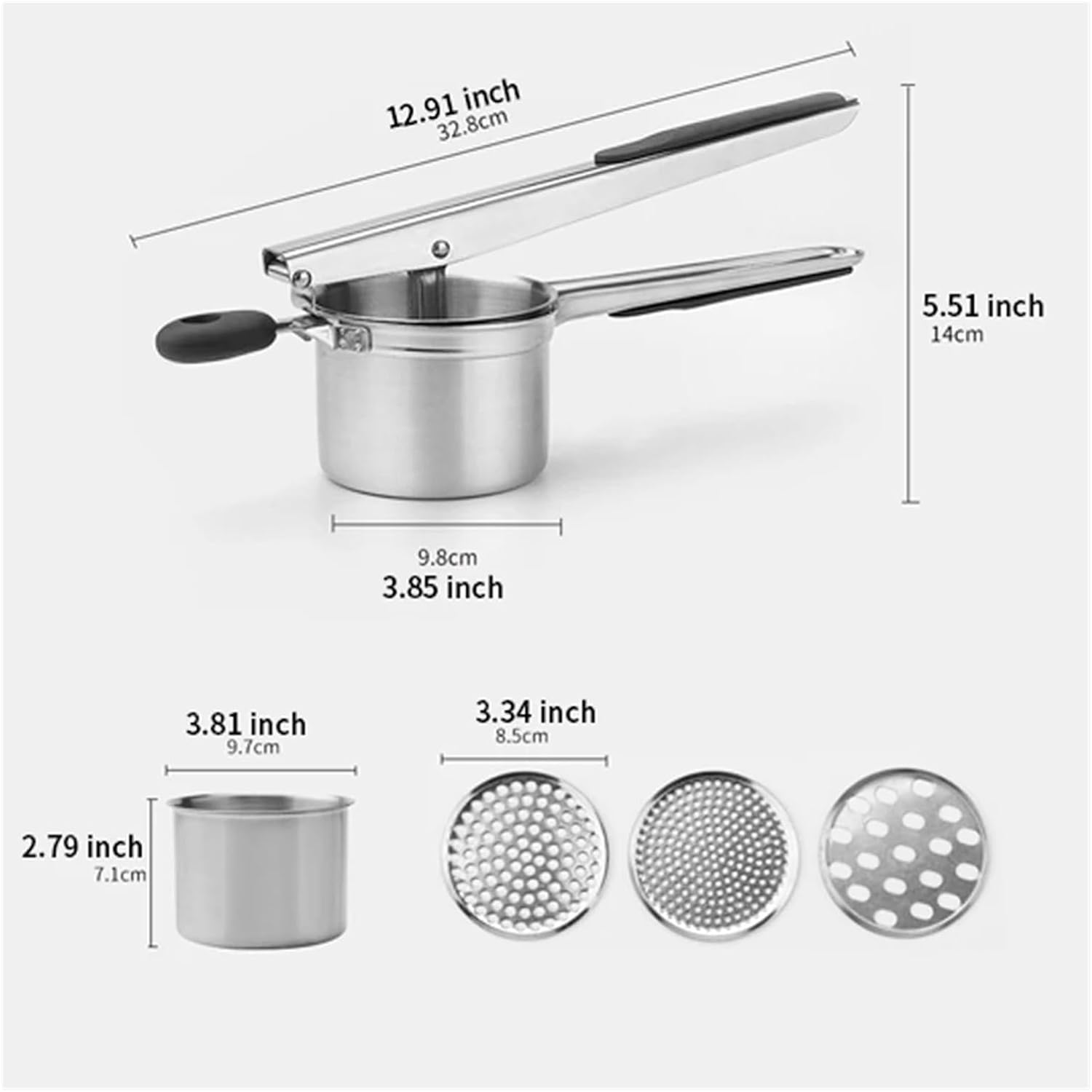 1PC stainless steel potato ricer with silicone handle and replaceable chassis mashers presses mashing mashed potatoes(L Size)