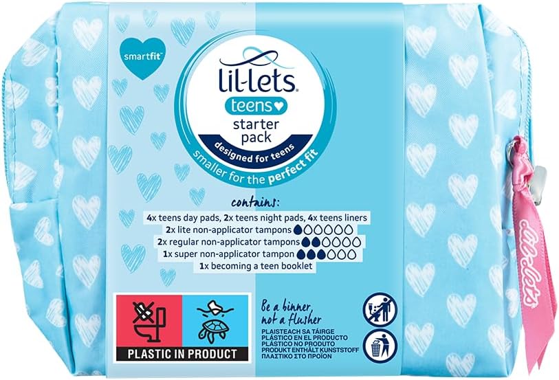 Lil-Lets Teens Starter Pack, Containing Teen Pads, Teen Pant Liners & Lil-Lets Non-Applicator Tampons, First Period Kit for Girls & Teenagers