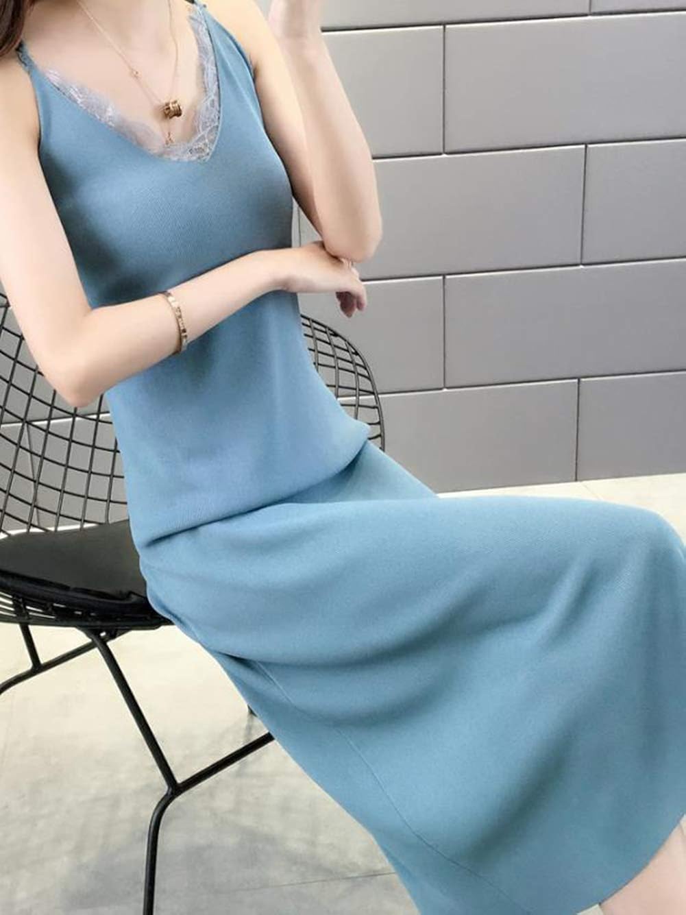 Qyyニットワンピース レディース ノースリーブ ワンピース ロング丈 タンクトップ Vネック サマーニット マキシワンピース ルームウェア インナーワンピース 黒 期間限定送料無料