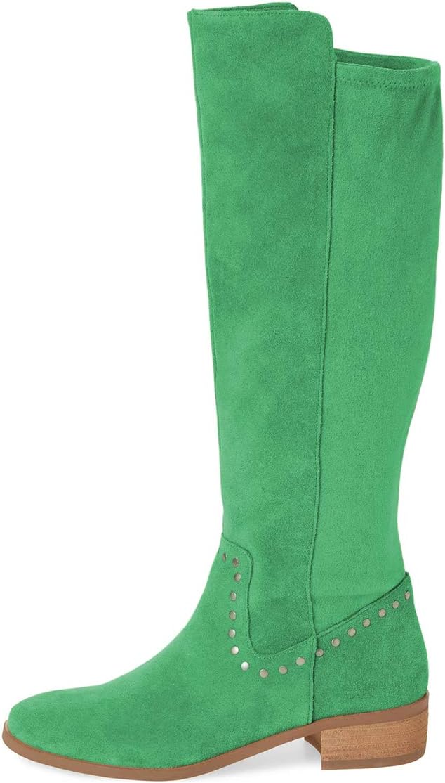 XYD Knee High Boots Rivets Studded Mid Chunky Block Heels Side Zip Round Toe Comfy Warm Trendy Shoes for Women