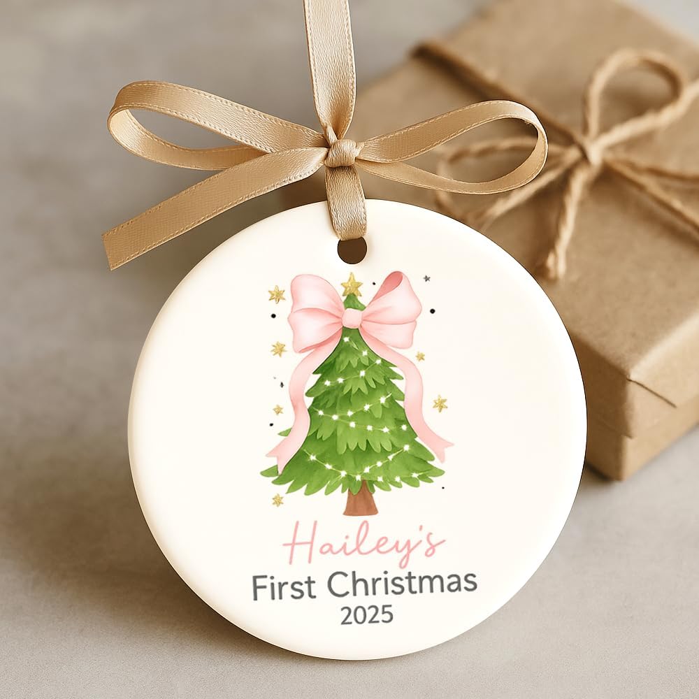 Personalized Baby’s First Christmas Ornament 2025, Custom Ceramic Ornament with Christmas Tree and Pink Bow, Baby Girl 1st Xmas Keepsake Gift, Newborn Holiday Tree Decoration - Image 3