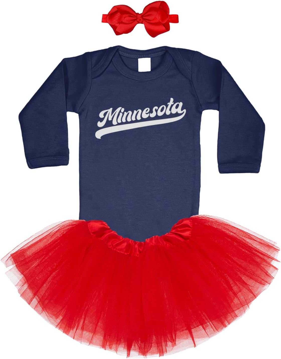 Minnesota - Baseball Jersey Style Script Baby Bodysuit + Tutu Skirt + Bow Headband Set