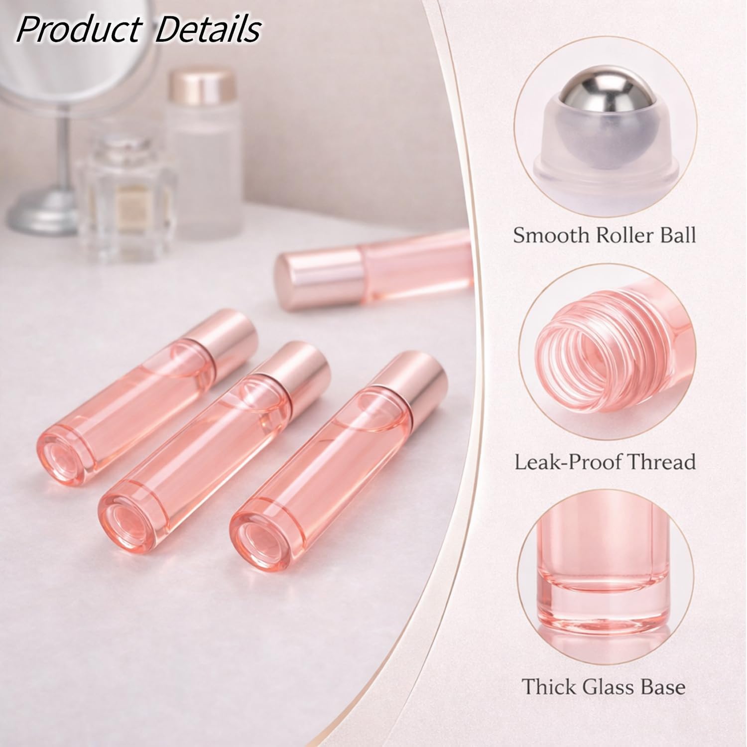 10 Packs 10ml Pink Glass Refillable Essential Oil Roller Bottles with Stainless Steel Roller Ball Leak Proof Travel Perfume Bottle for Oils, Lip Gloss, Aromatherapy