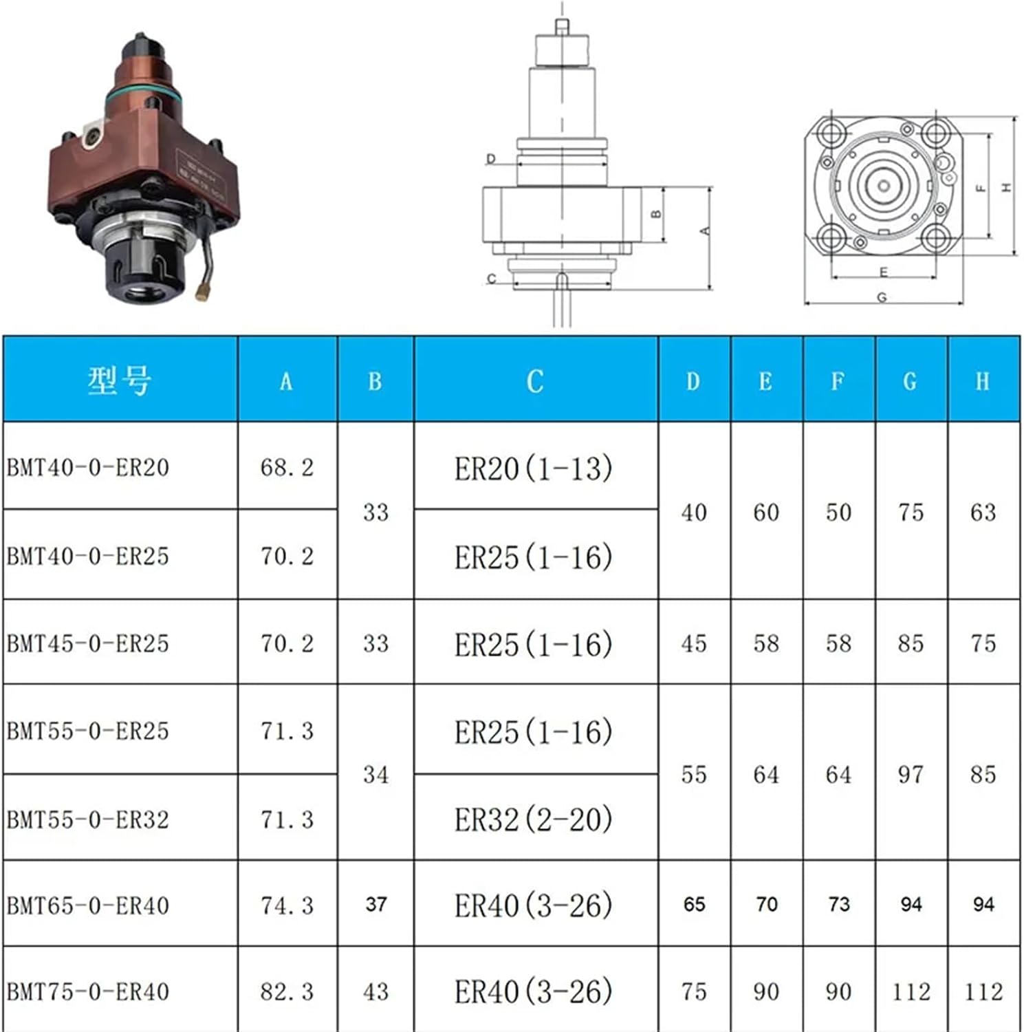 Compatible With Turret Tool Turning And Milling Power Head BMT40 BMT45 BMT55 BMT65 Radial Z Axis 0 ° Tool Holder(BMT55-0-ER25)