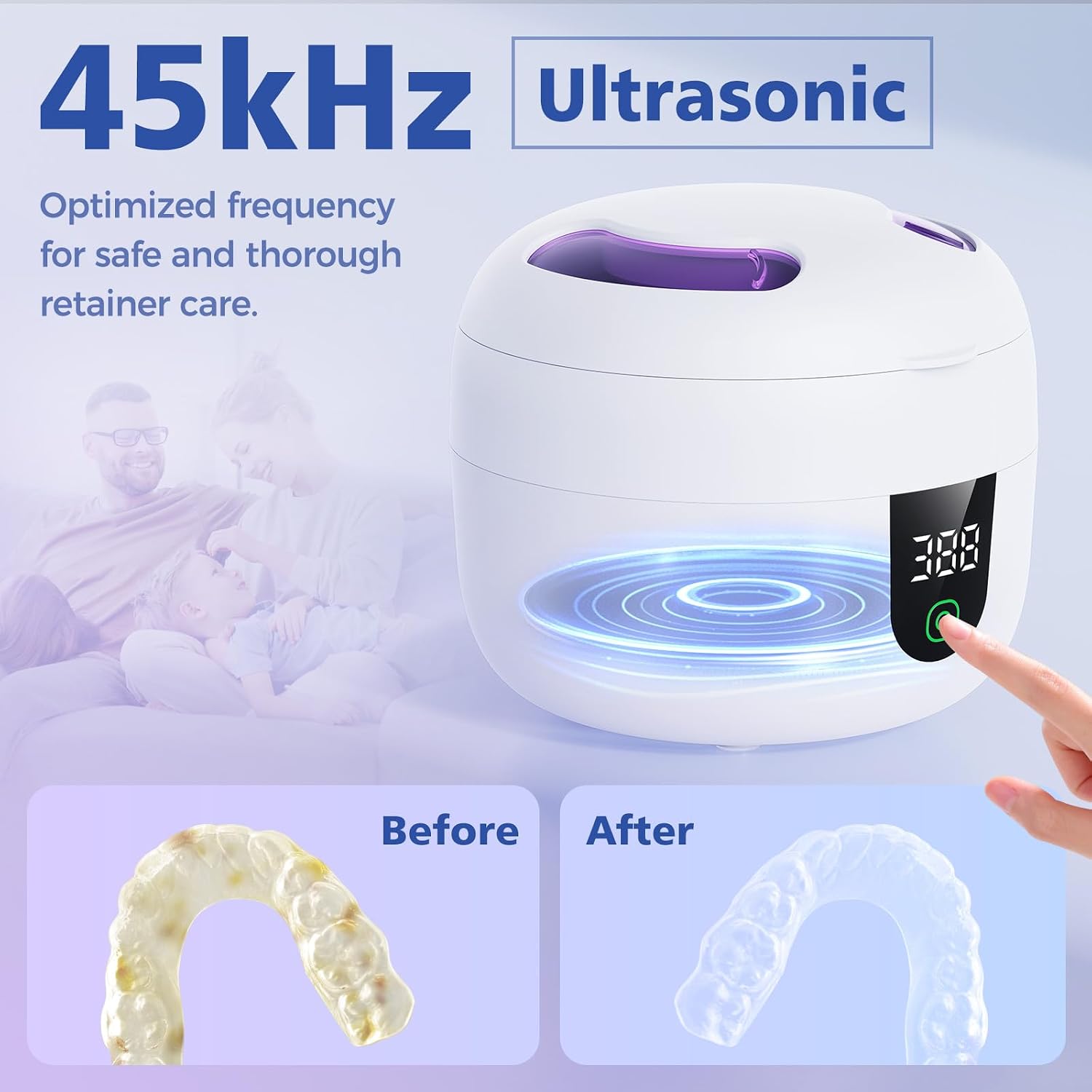 Waterproof Ultrasonic Retainer Cleaner Machine with 180ml Removable Water Tank – 45kHz Ultrasonic Cleaner for Mouth Guards, Jewelry, and Retainer Cleaner– Digital Timer, Smart Pause, Quiet to 30dB