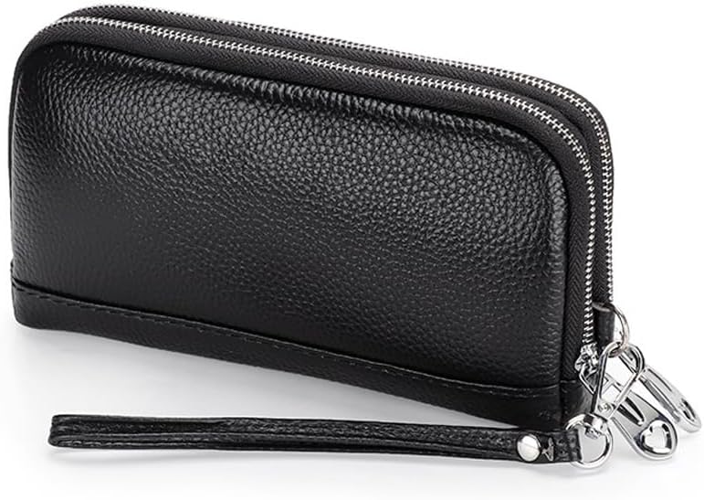 Women Clutch Purse Genuine Leather Double Zipper Money Purses Card Holder Phone Clutches with Wrist Strap (Black)