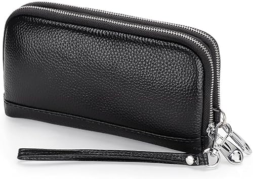 Women Clutch Purse Genuine Leather Double Zipper Money Purses Card Holder Phone Clutches with Wrist Strap Black