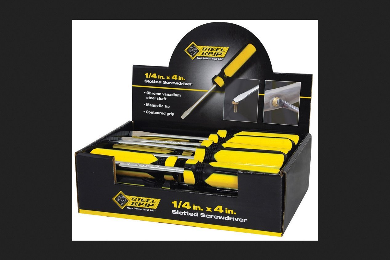 General Tech Intl 2265353 "Steelgrip" Slotted Screwdriver Counter Top Display 1/4"X4"