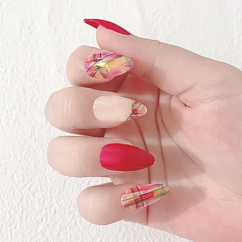 Miniatura 1 de Uñas postizas a presión de almendra, medianas, uñas de gel rojas, brillantes con diseños geométricos, uñas acrílicas a presión para mujeres, 24