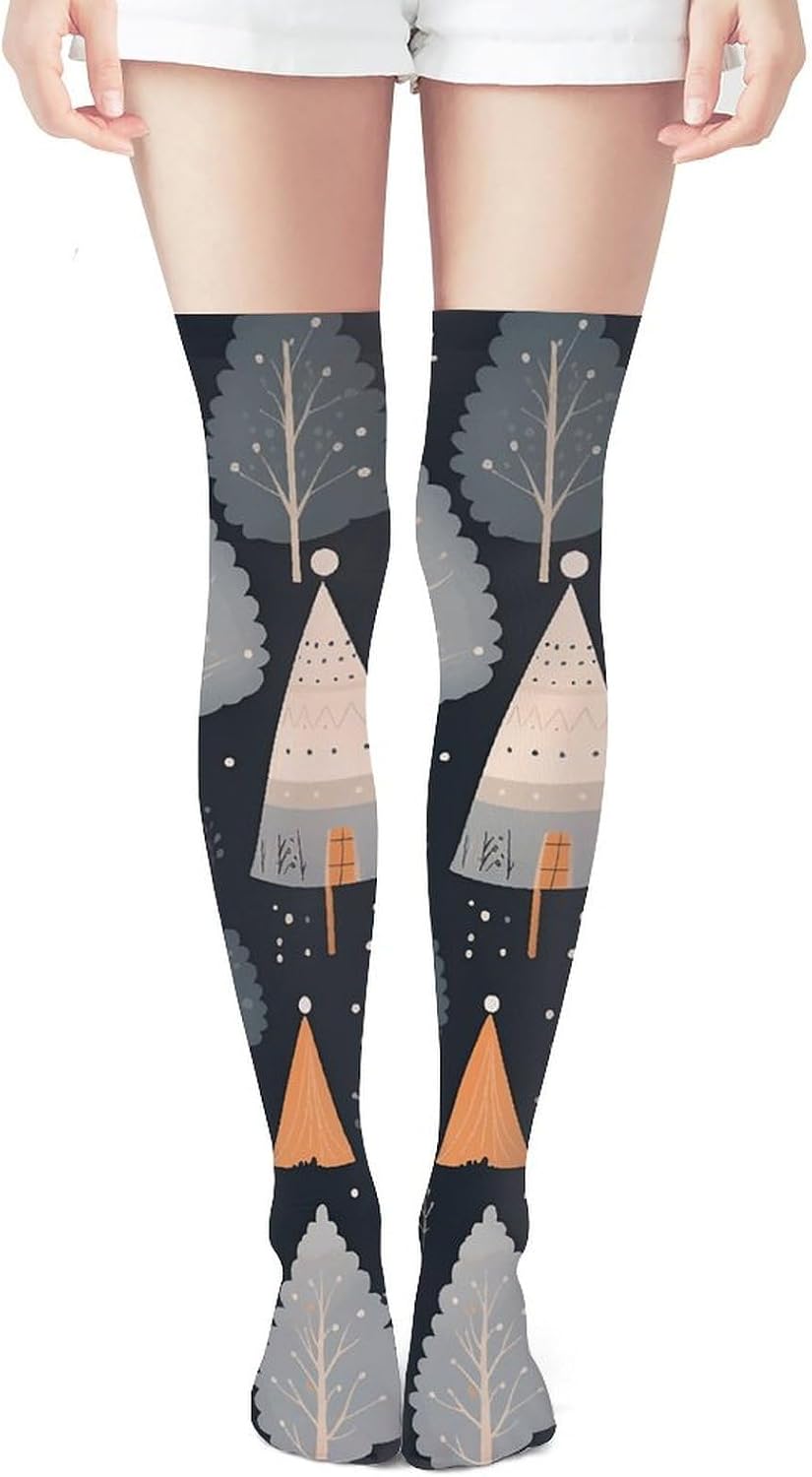 Orange Tribal Tent Knee High Stockings for Women 23.6" Breathable Thigh High Stockings Over The Knee Socks