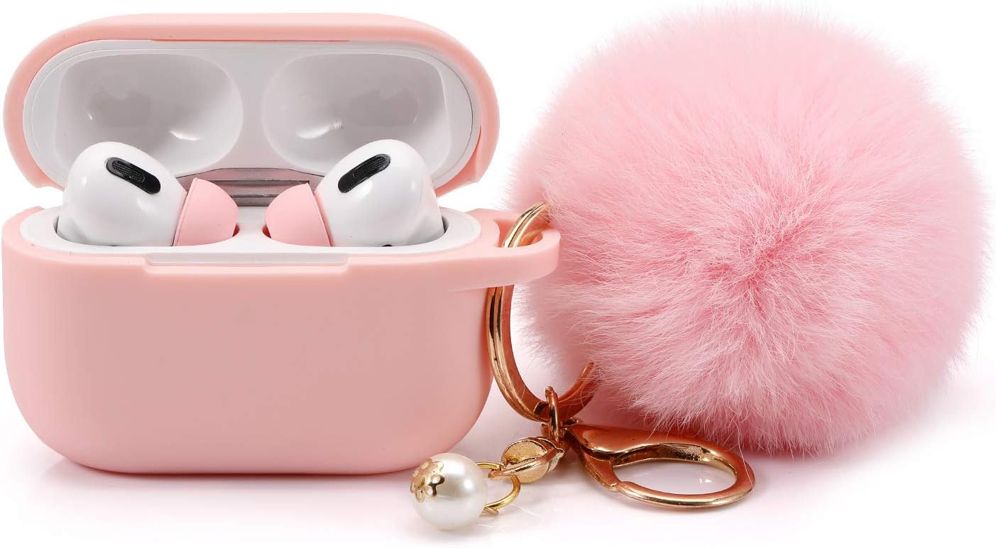 Protective Case Cover for Airpods Pro Charging Case with Ear Tips 1 Pair Kit, Air Pods Silicone Case with Soft Cute Ball Pom Pom Keychain Kit Together with Ear Buds Tips 2&1 (X, Red)