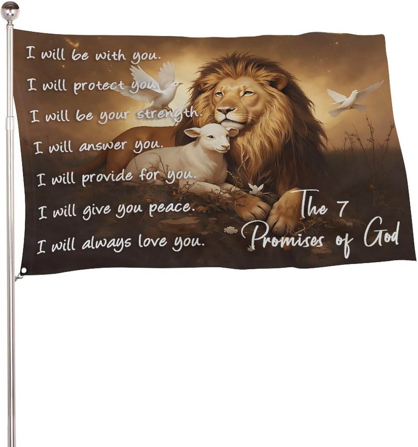 Inspirational Christian, The 7 Promises of God Lion & Lamb Religious Flag 5x8 FT For Outside, Outdoor Decorations Banner With 2 Brass Grommets