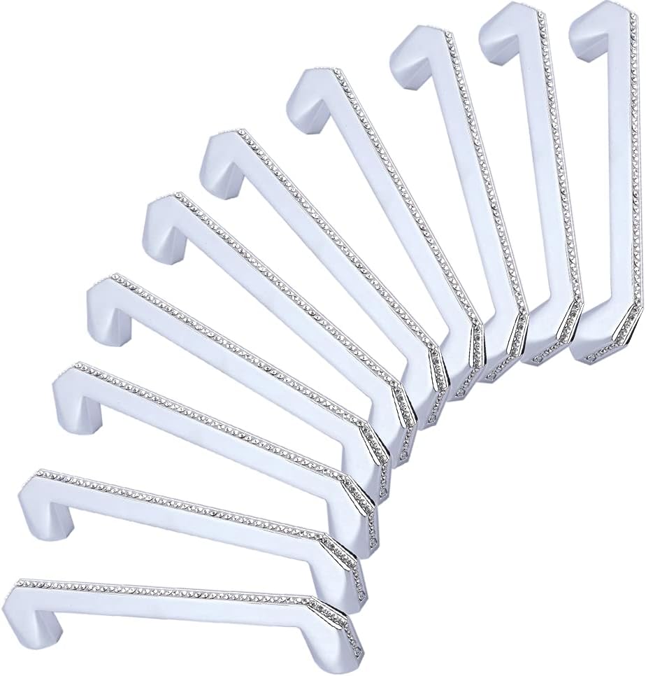 LANC Crystal Cabinet Knobs and Pulls Modern Drawer/Furniture Handles with Screws All Metal Stylish Shiny Kitchen Hardware 10 Pack, Silver, B201P128-P10