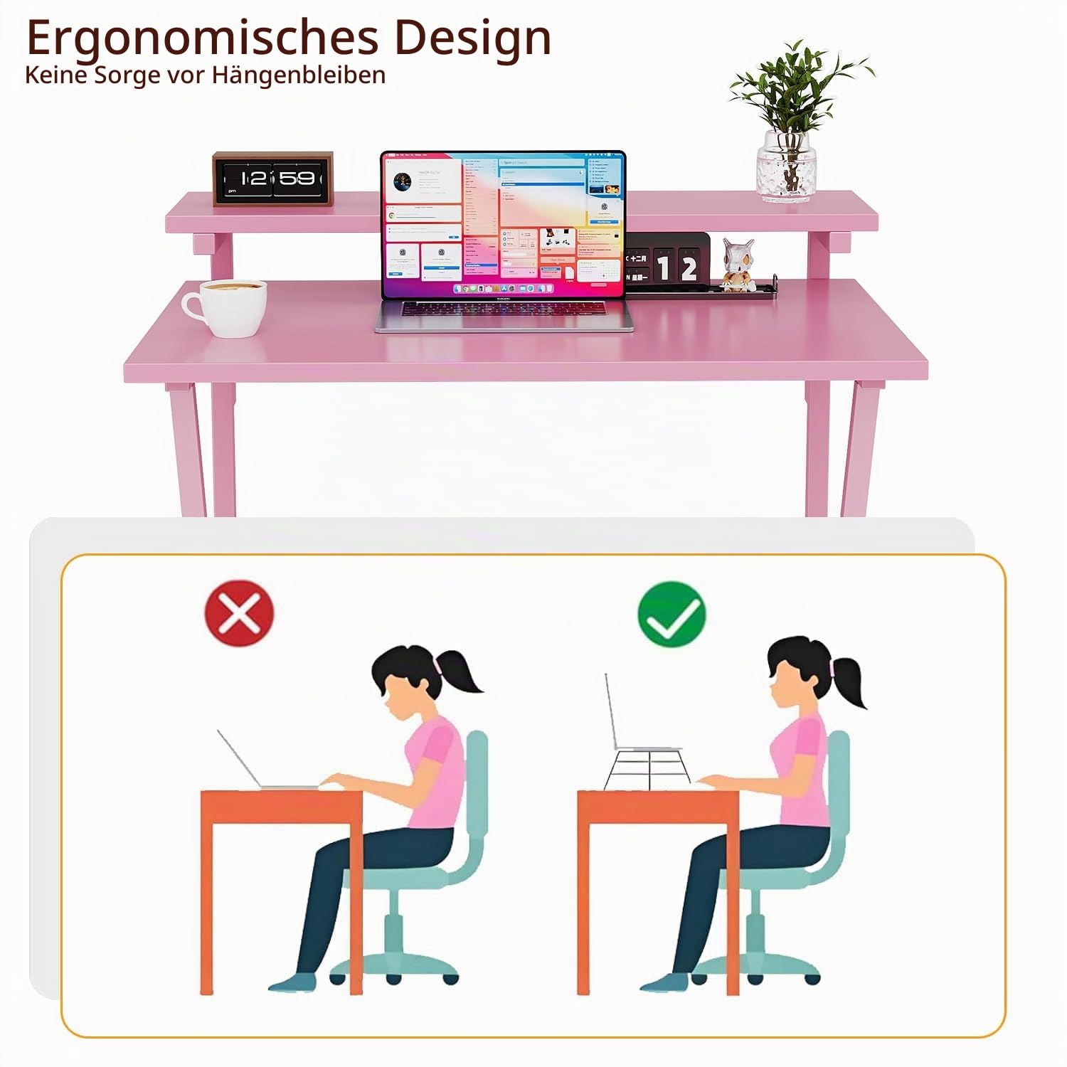 CAIYUN Schreibtisch, Kleiner Computertisch 70 x 48 cm, Schreibtisch Klein with Shelf, Home Office Computertisch für Arbeitszimmer, Schlafzimmer, Schwarz, Rosa