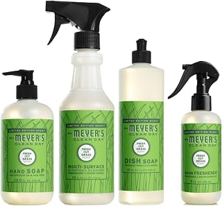 Mrs. MEYER'S Clean Day Fresh Cut Grass Scent Variety Pack, Liquid Hand Soap 12.5 FL OZ, Dish Soap 16 FL OZ, Multi-Surface Cleaner 16 FL OZ, Room Freshener 8 OZ, 1 CT