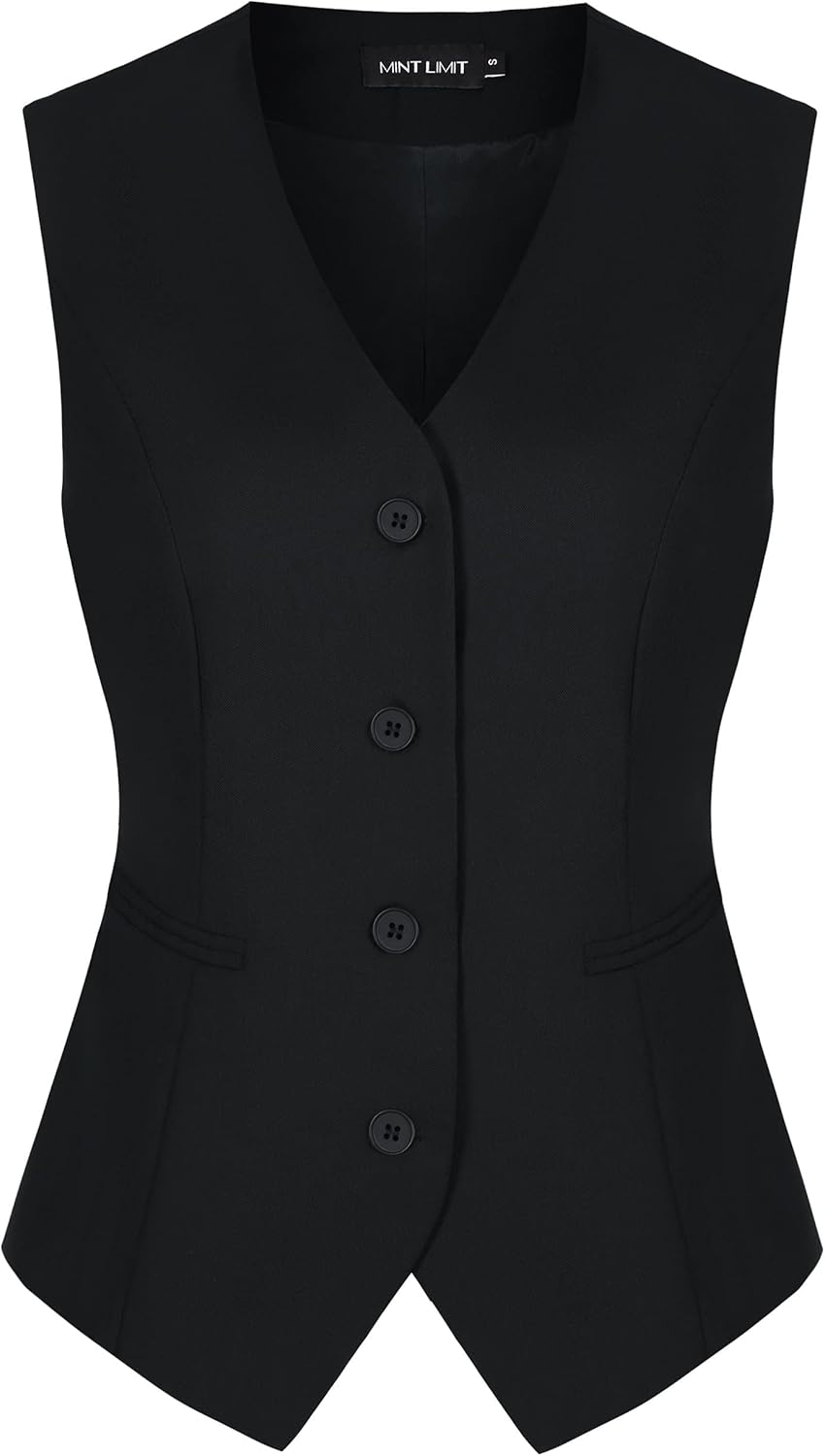 MINTLIMIT Sleeveless Waistcoat Vest for Women Button Down Economy Dressy Suit Vest Waistcoat, Black, M