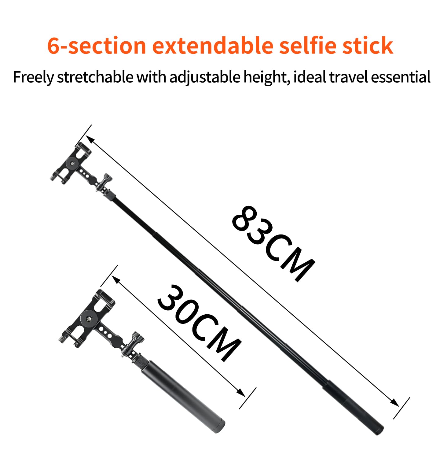 Kij do selfie, 6-częściowy uchwyt o regulowanej długości, kompatybilny z Osmo 360, X5/X4 Air/X4, Hero 13/12/11, statyw do kamer sportowych (klips do telefonu, kij do selfie)
