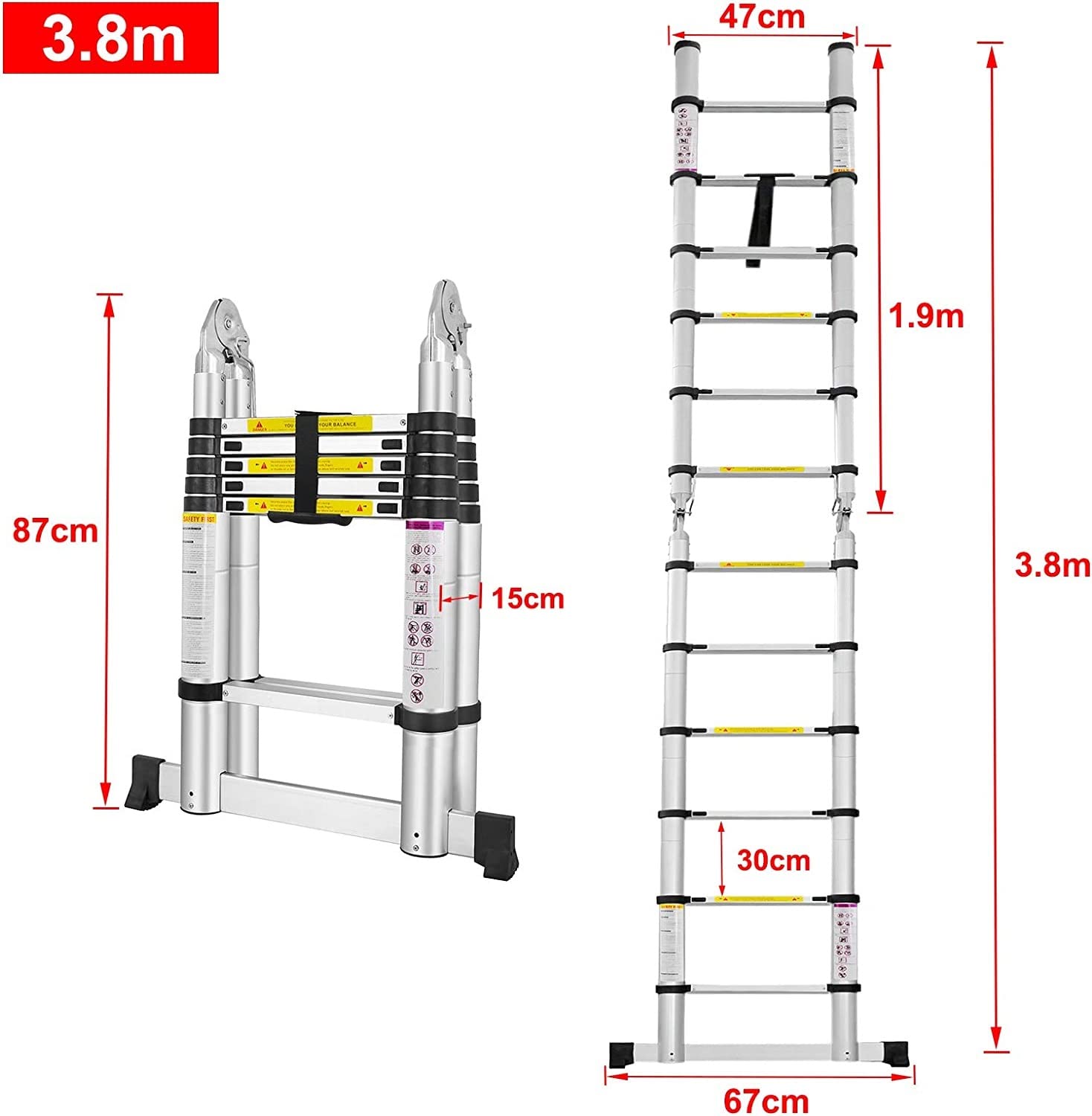 TREPPE Escalera Telescópica Aluminio Doble Cara 3,8m (1,9m + 1,9m)