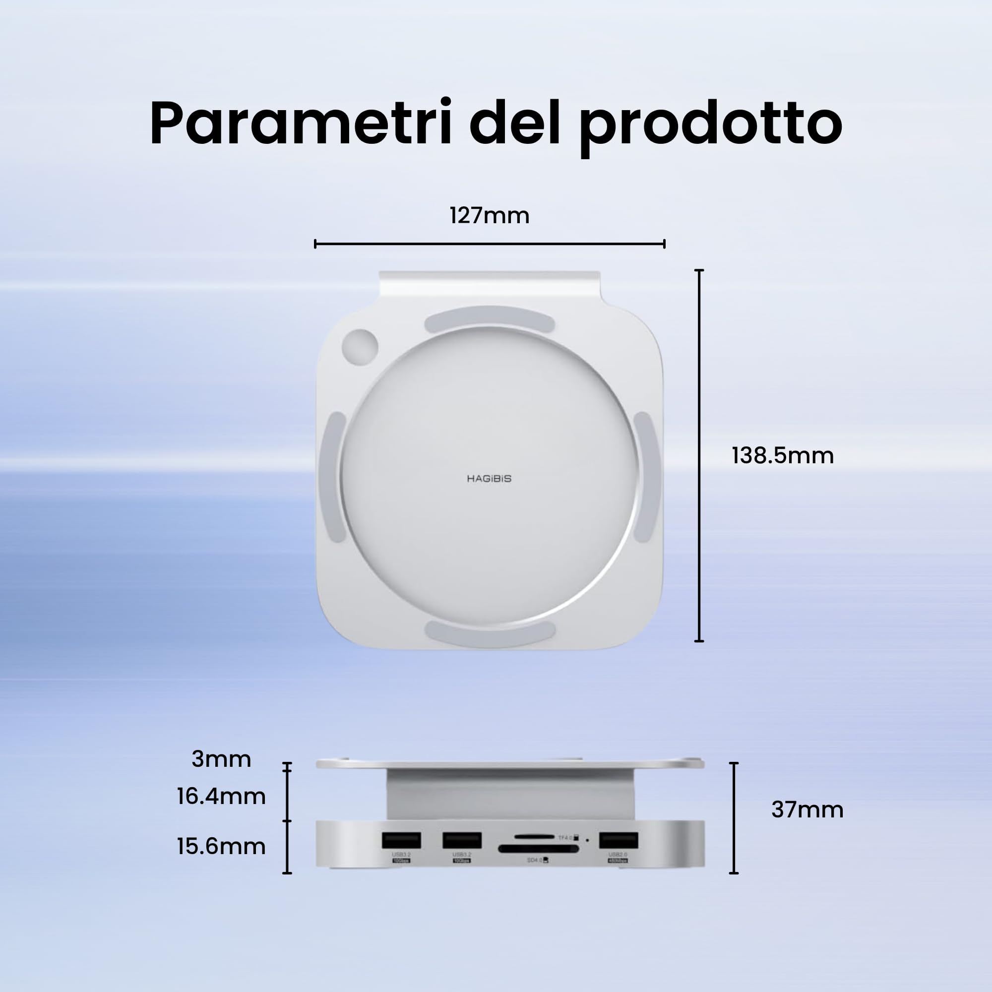 Hagibis Hub e Supporto per Mac mini M4 con alloggiamento SSD, docking station USB-C 3 in 1 con case SSD M.2 NVMe, USB 3.2 Gen2 10 Gbps, SD 4.0, TF 4.0, alimentazione 5V/2A per M4 Pro (MC60)