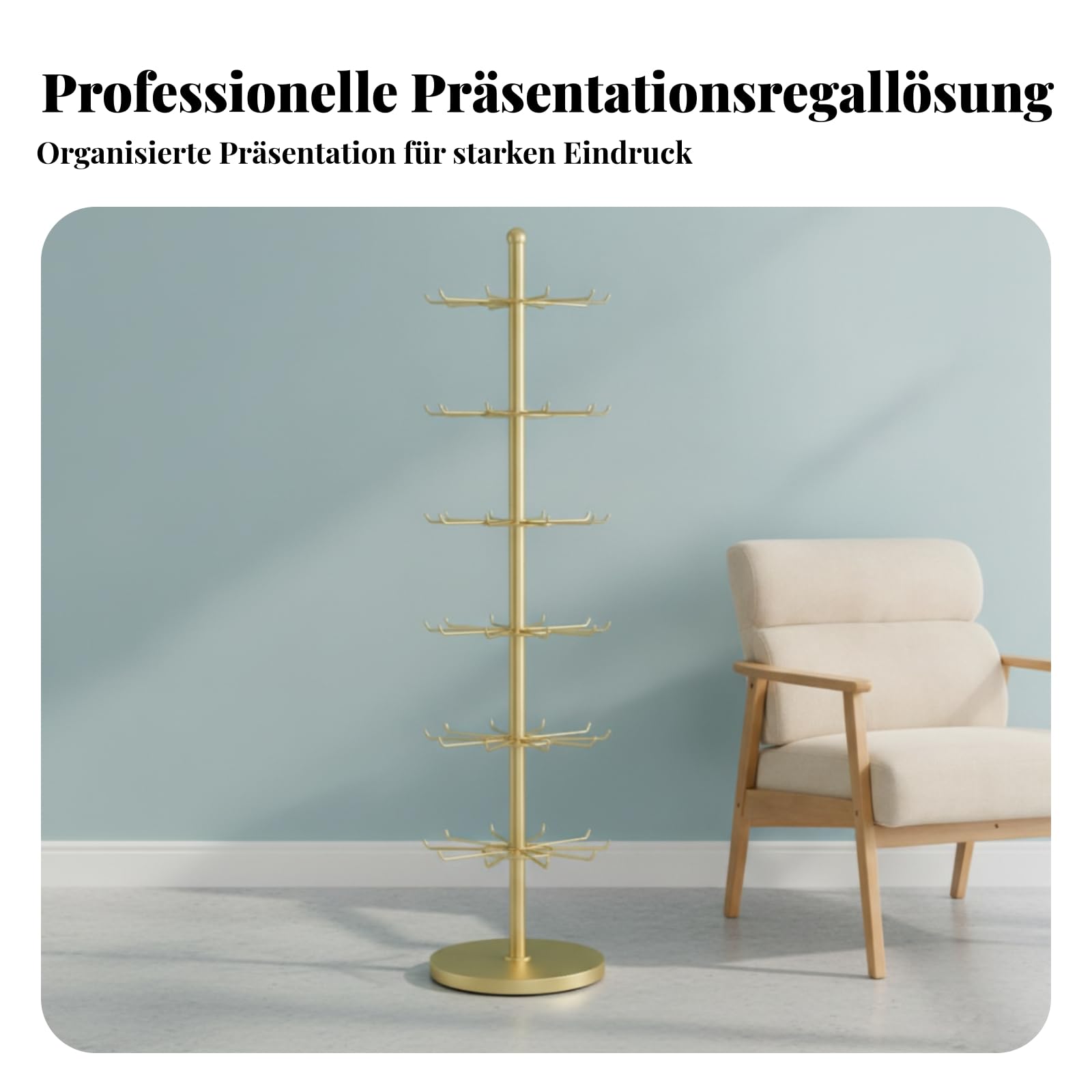 Sharplace Rotierender Verkaufsständer Display Ständer Hakenständer Warenständer Metallständer mit 50 Aufhängehaken Und Stabilem Bodenständer Saubere, Gold, 160 Cm Hoch, 7 Etagen