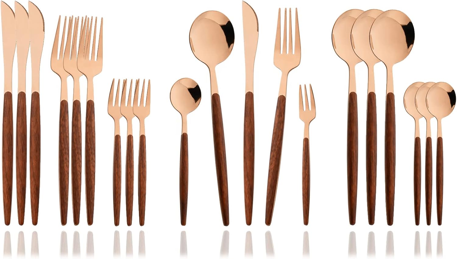 JASHII Wood Handle Flatware Set, 20 Pieces Stainless Steel Silverware Cutlery Set, Mirror Polished, Knife Fork Spoon Set, Dishwasher Safe - Pointed Head Rose Gold