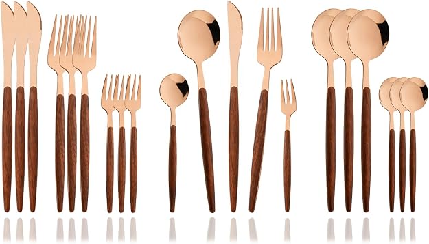 JASHII Wood Handle Flatware Set, 20 Pieces Stainless Steel Silverware Cutlery Set, Mirror Polished, Knife Fork Spoon Set, Dishwasher Safe - Pointed Head Rose Gold