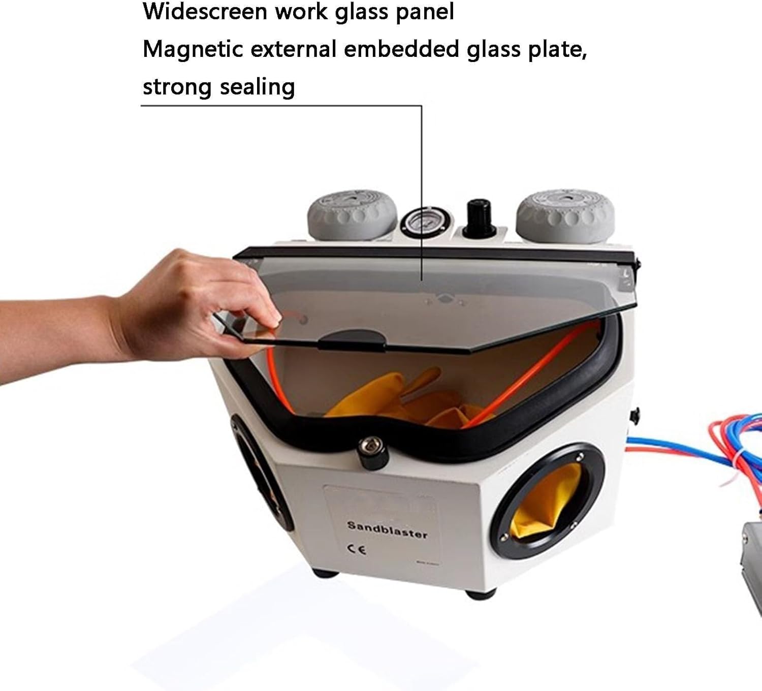 Sandblaster Gun Kit,Bench Top Sand Blaster Cabinet Kit,Air Sand Blaster with Spray Gun,Built-in Glove,LED Lamp,Foot Switch,for Removes Rust,Grime