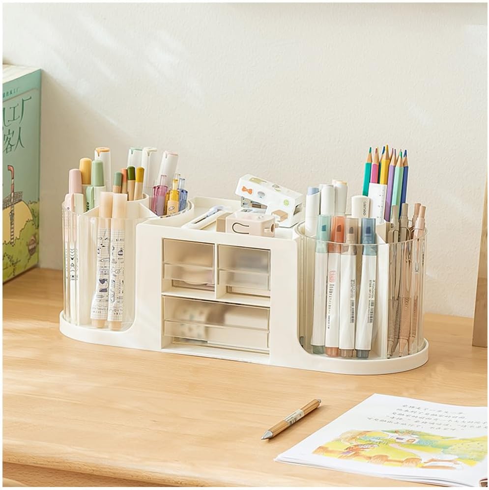 NUODWELL Double Rotating Desk Organiser with 3 Drawer, Desk Tidy Organiser with Pencil Holder, Large Capacity Desktop Stationary Storage Box for Office Home Art Supplies (White) NUODWELL Double Rotating Desk Organiser with 3 Drawer, Desk Tidy Organiser with Pencil Holder, Large Capacity Desktop Stationary Storage Box for Office Home Art Supplies (White)